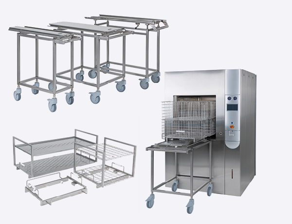 Gitterkörbe und Wannen, Schlitten, Trolleys, Regale und Kragen für Durchreiche Laborautoklaven, Autoklaven